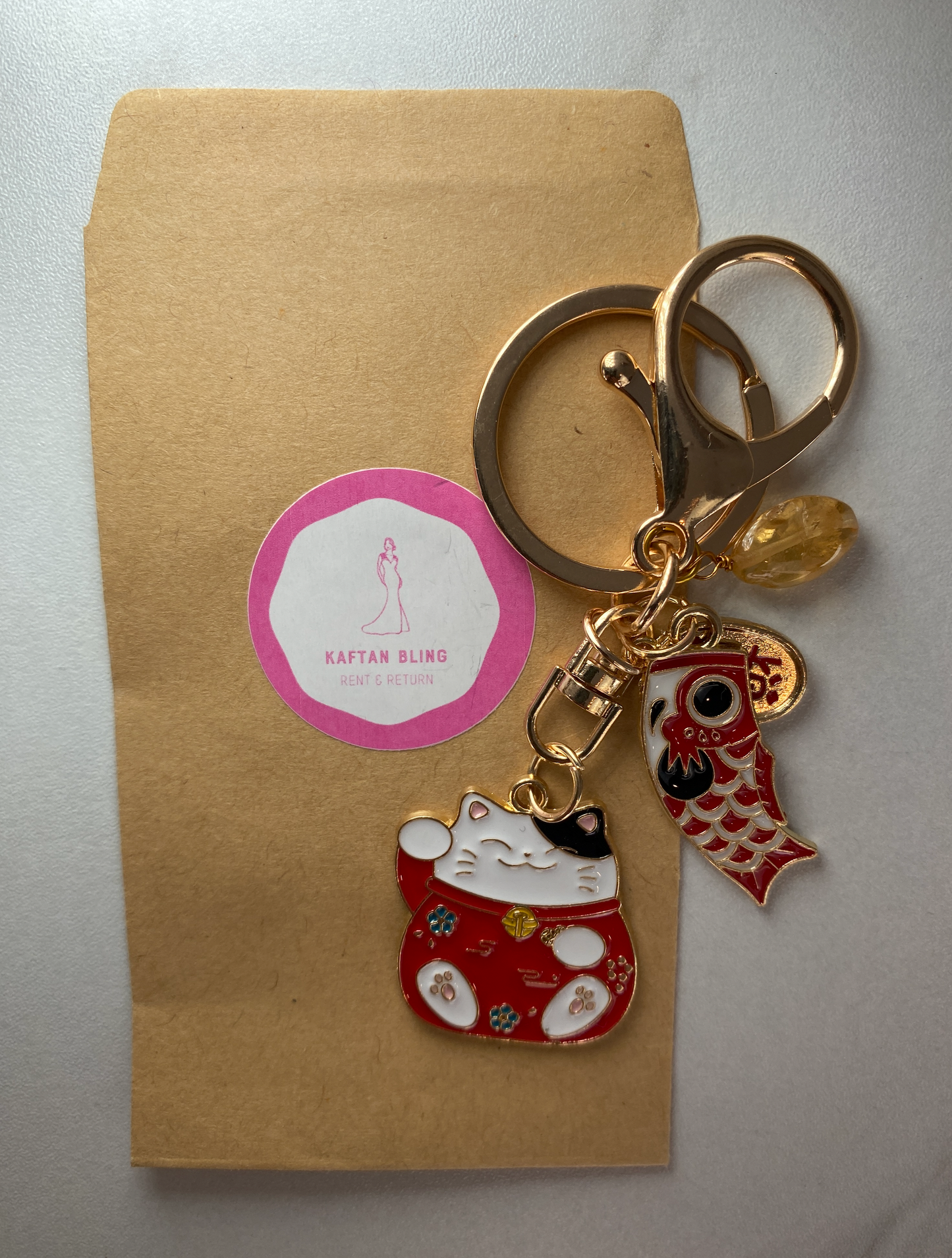 Lucky Cat and Citrine Crystal Quartz Keyring Red - kaftanbling